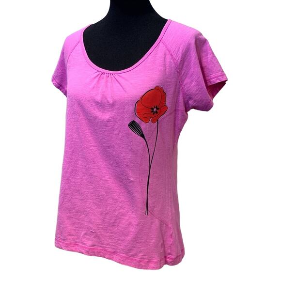 Handmade Upcycled Large Red Poppy Short Sleeve Cotton Blend Activewear Tee - Picture 1 of 5